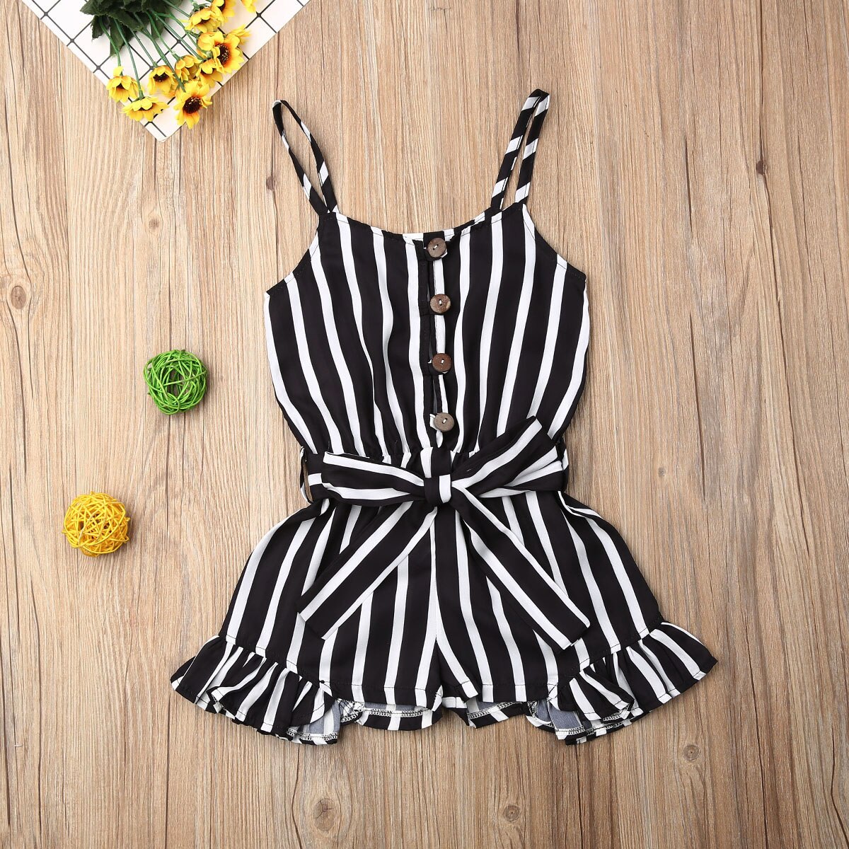 3-8Y  ҳ Playsuits     μҸ Ruffle Stripe Short Romper  Ʈ Kids Casual Overalls